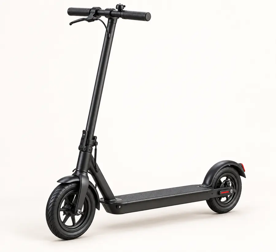 Concept illustration of a lightweight black folding electric kick scooter with a narrow deck and small air-filled tires