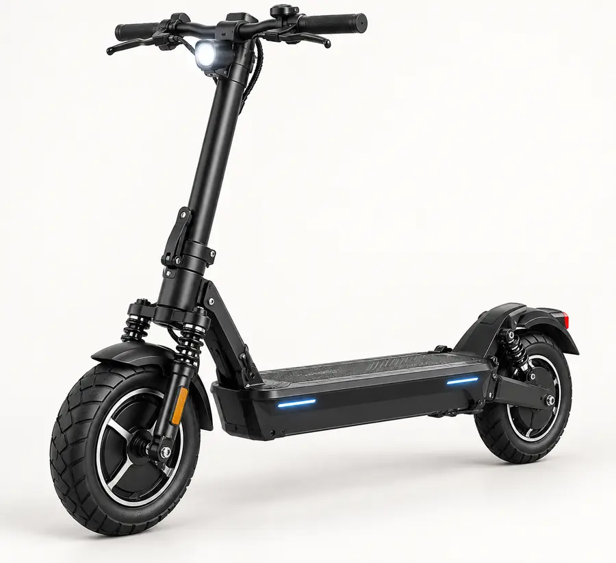 Concept illustration of a powerful black electric commuter scooter with large pneumatic wheels and suspension at both ends