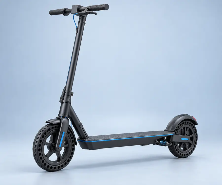 Concept illustration of a compact black commuter scooter with solid ten-inch tires and a slender folding frame