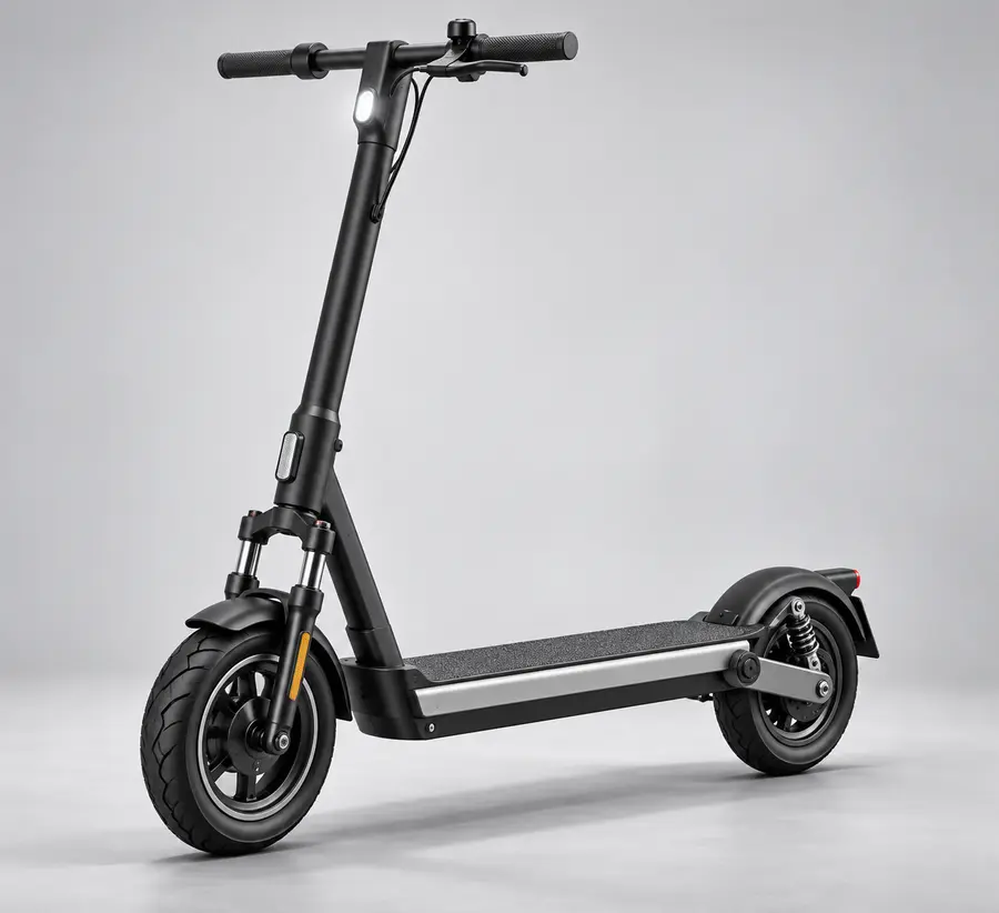 Concept illustration of a black folding commuter electric scooter with ten-inch pneumatic tires and dual suspension
