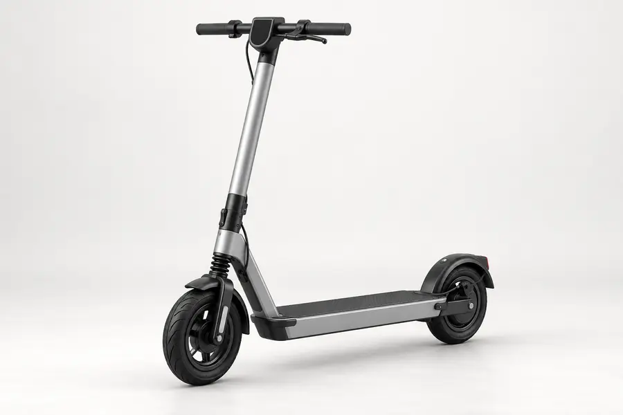 Concept illustration of a compact silver electric scooter with front spring suspension, smaller pneumatic tires and a simple commuter deck