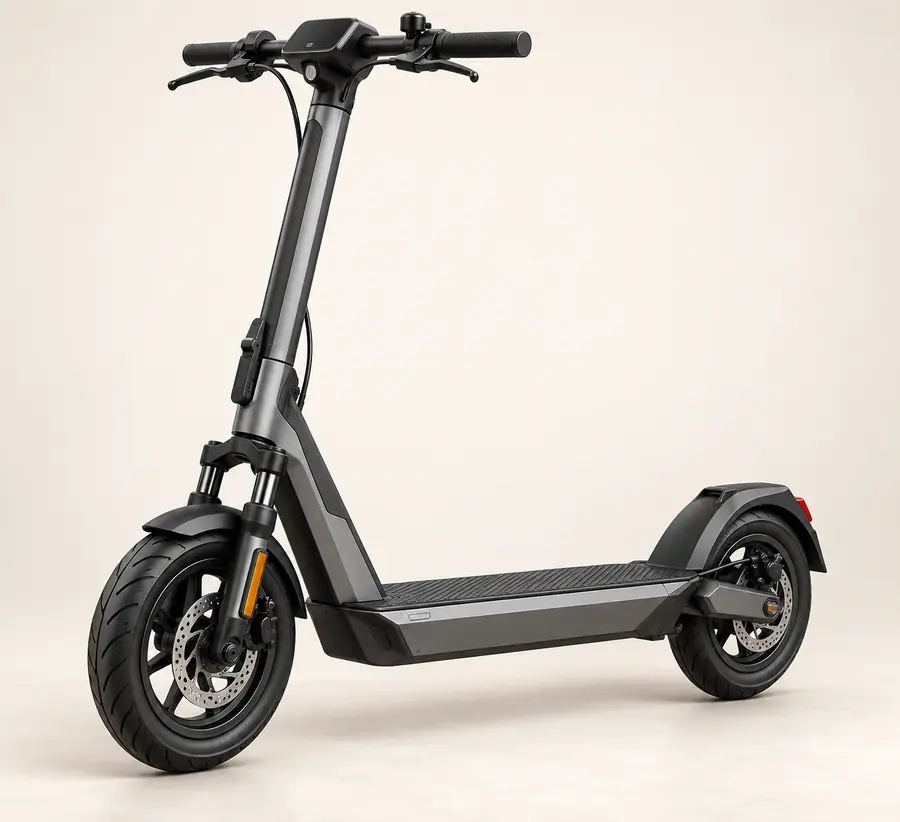 Concept illustration of a NIU-style gray electric kick scooter with large tires, front suspension and dual disc brakes