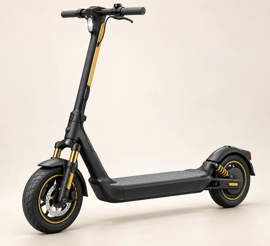 Concept illustration of a long-deck black electric commuter scooter with broad tires and front and rear suspension