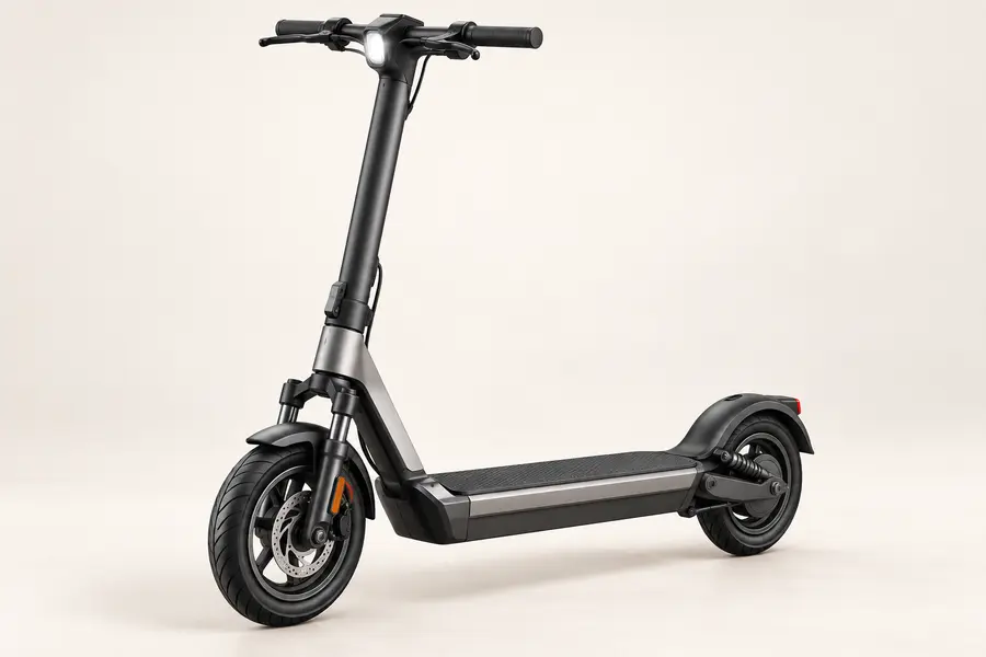 Concept illustration of a graphite-and-silver adult electric scooter with front fork suspension, pneumatic tires and a wide commuter deck