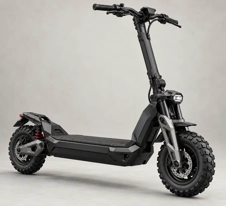 Concept illustration of a rugged black adult electric scooter with chunky tires, a broad standing platform and heavy-duty suspension