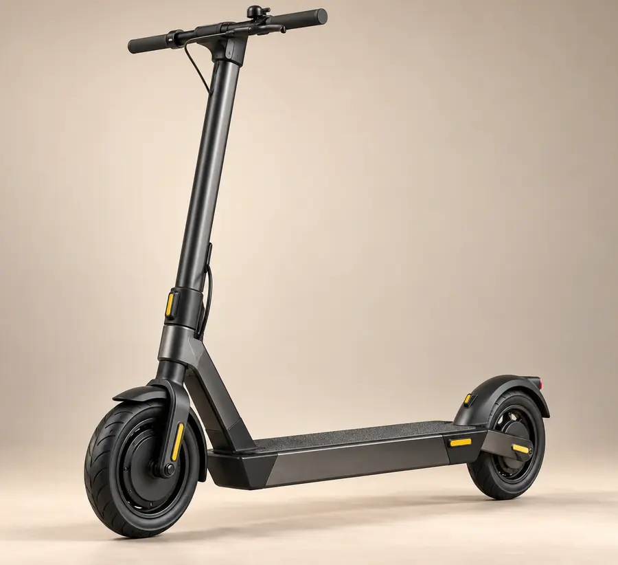 Concept illustration of a tall sturdy dark commuter scooter with a rectangular deck, road tires and no suspension