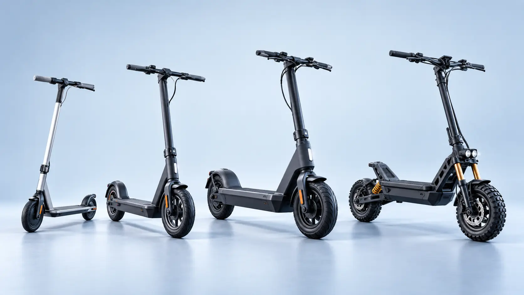 Original editorial illustration of four adult electric kick scooter styles, from a light commuter to a rugged suspension-equipped scooter