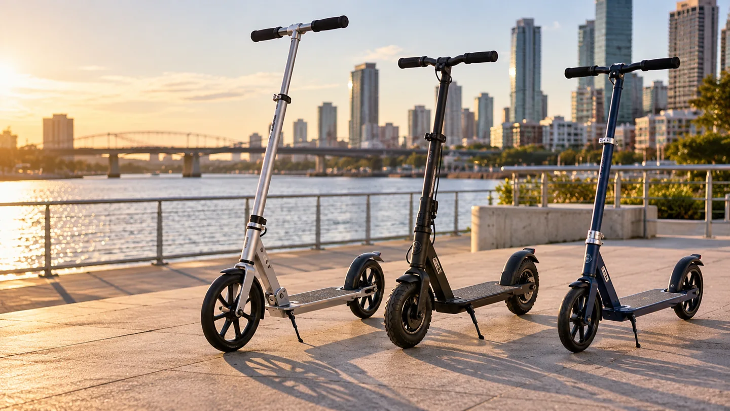 Three adult manual kick scooters on a paved waterfront promenade with a city skyline at golden hour