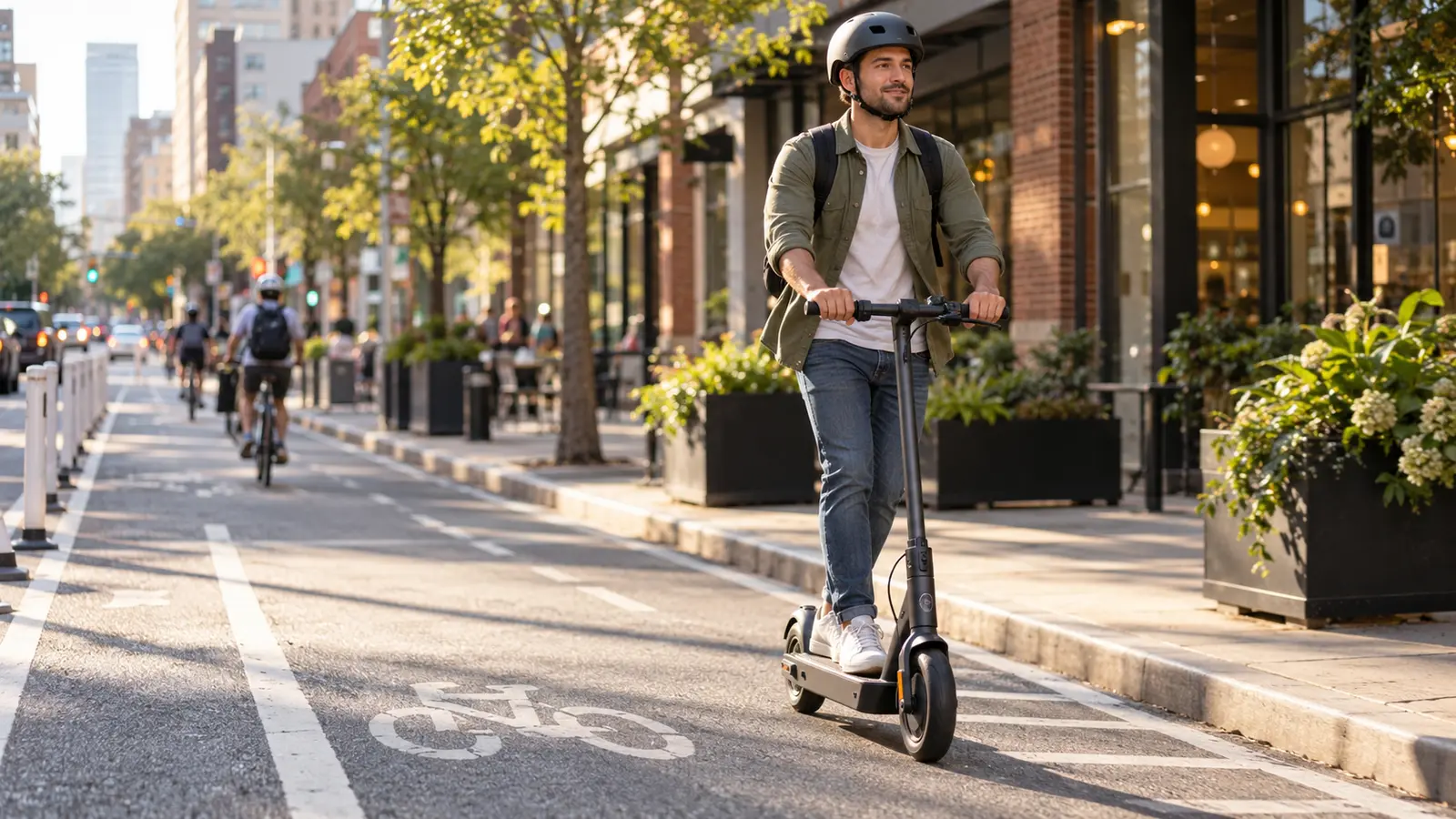Helmeted adult riding an unbranded stand-up electric scooter in a protected city bike lane