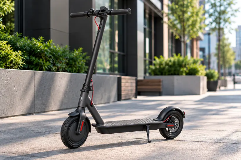 Editorial street visualization of a scooter with a rear brake and red cabling; not an exact Hiboy S2 photograph