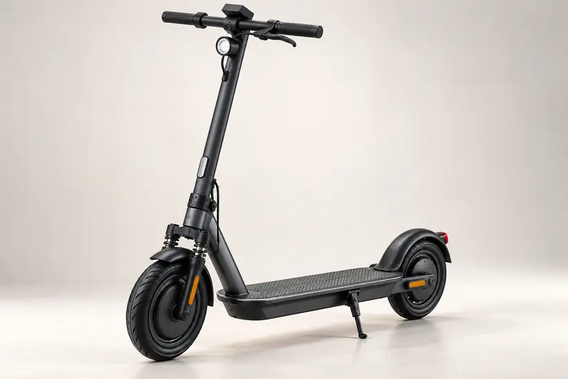 Editorial studio visualization of an electric commuter scooter with spring front suspension and dark wheels; not an exact NIU KQi 100P photograph