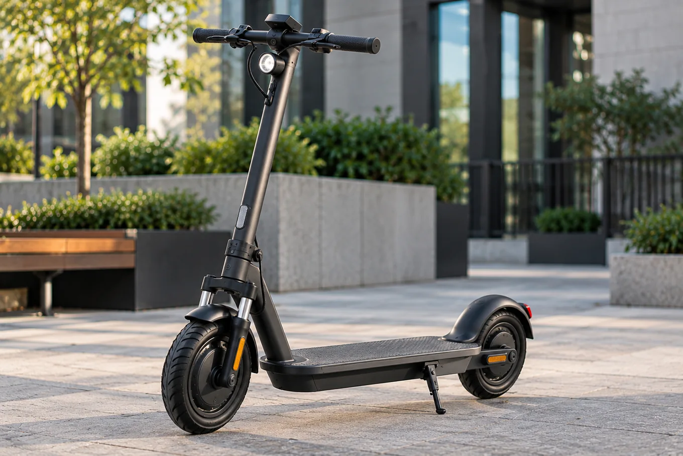 Original realistic editorial image of a dark electric commuter scooter standing on a paved city plaza with greenery