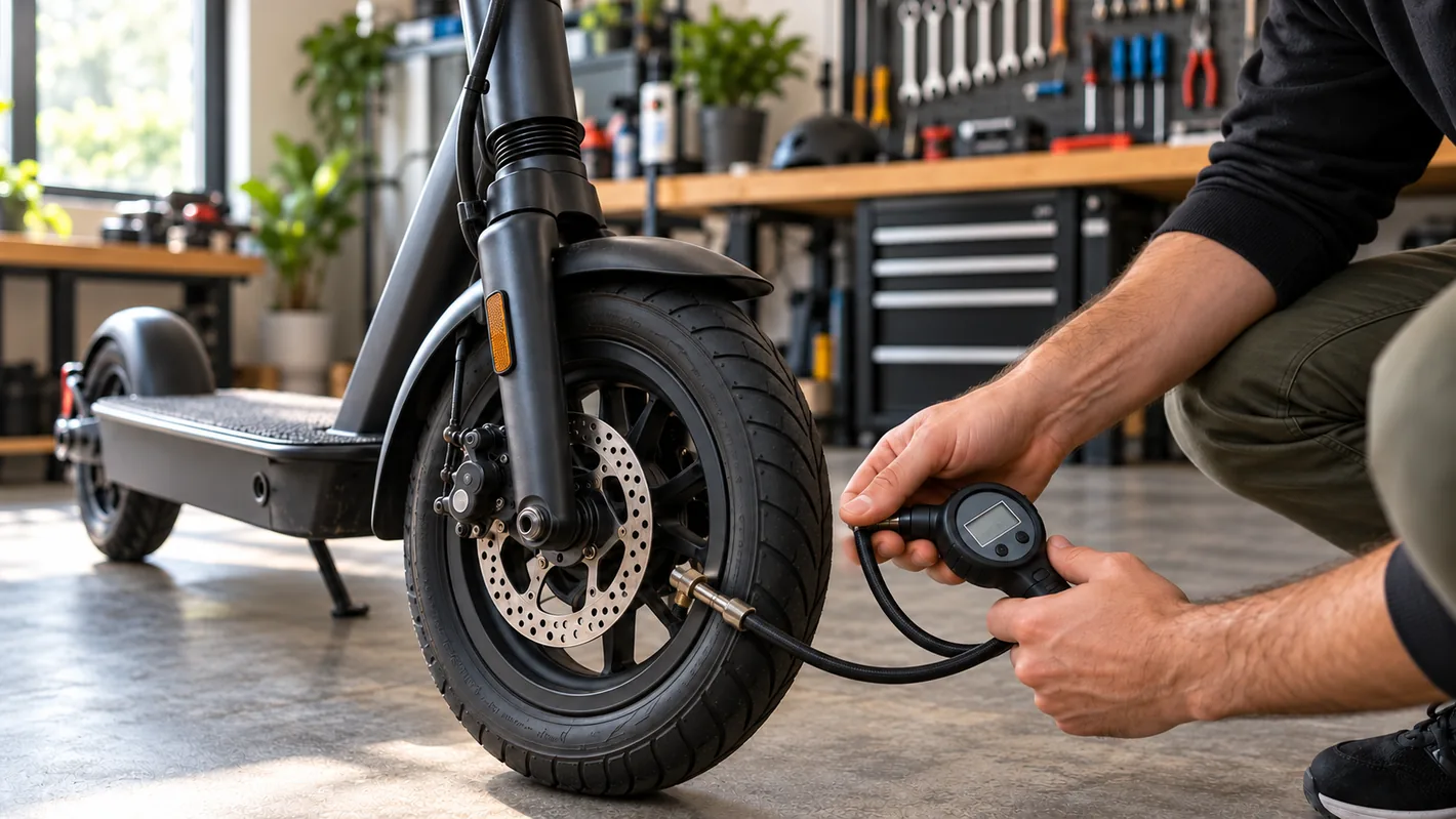 Close-up of hands using a digital pressure gauge connected to a valve stem at the rim of an electric scooter's front pneumatic tire inside a workshop