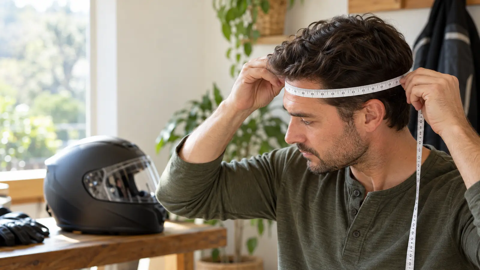 Adult measuring head circumference with a soft tape measure beside a black full-face motorcycle helmet