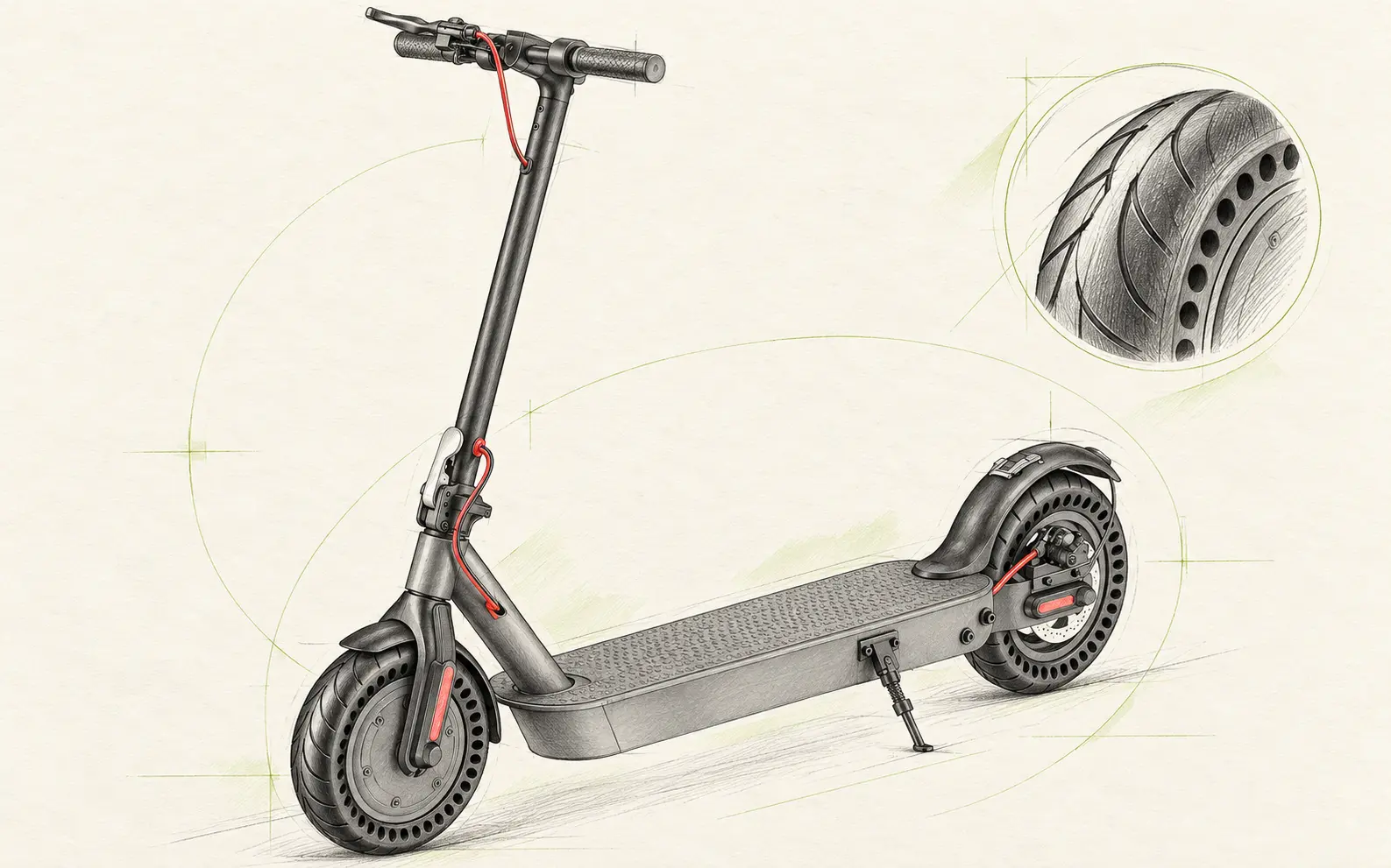 Mechanical-style illustration of the Hiboy S2 Pro showing its folding stem, solid honeycomb tires, standing deck, rear mudguard, and kickstand