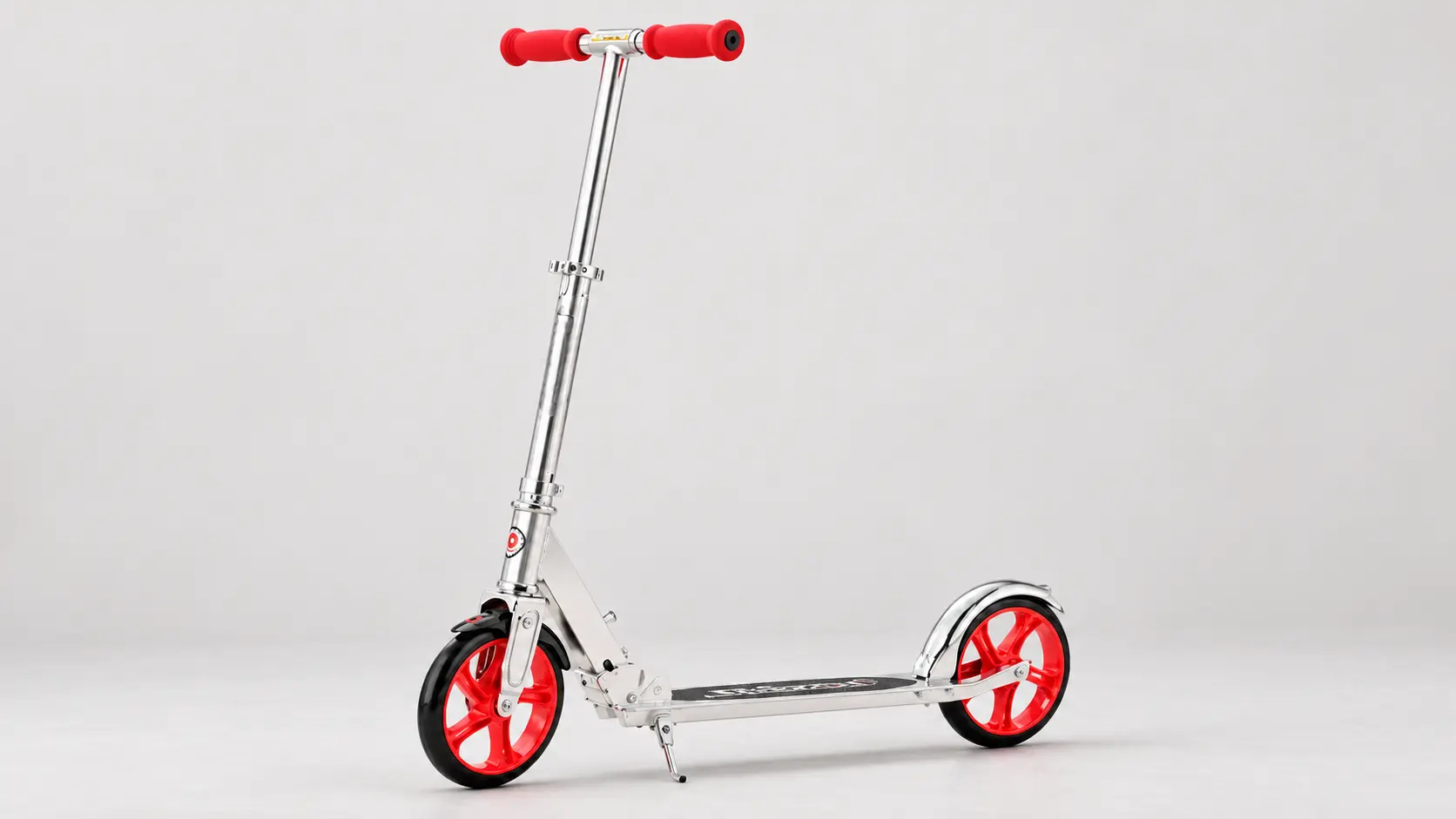 Red-and-silver Razor A5 Lux manual kick scooter with adjustable T-bar, red eight-inch wheels and a low folding deck against a plain gray studio background