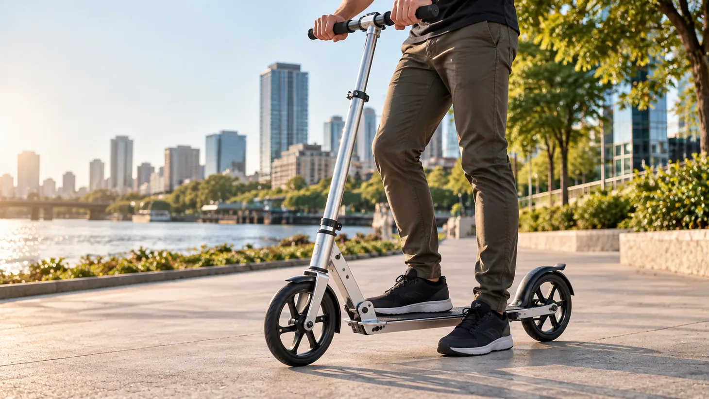 Realistic editorial scene of an adult standing on a full-size silver manual kick scooter along a paved waterfront promenade