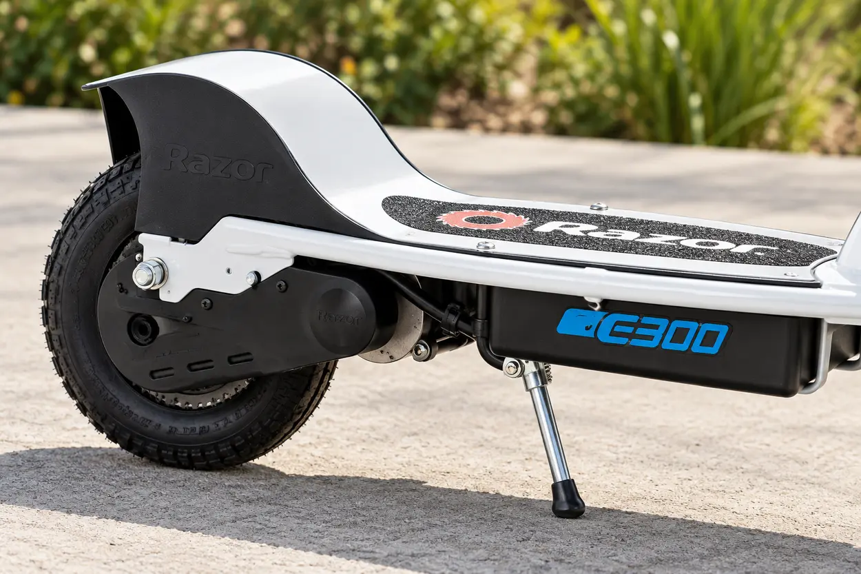 Close-up illustration of the classic Razor E300 rear pneumatic tire, protective chain-drive cover, broad deck and 24-volt battery housing