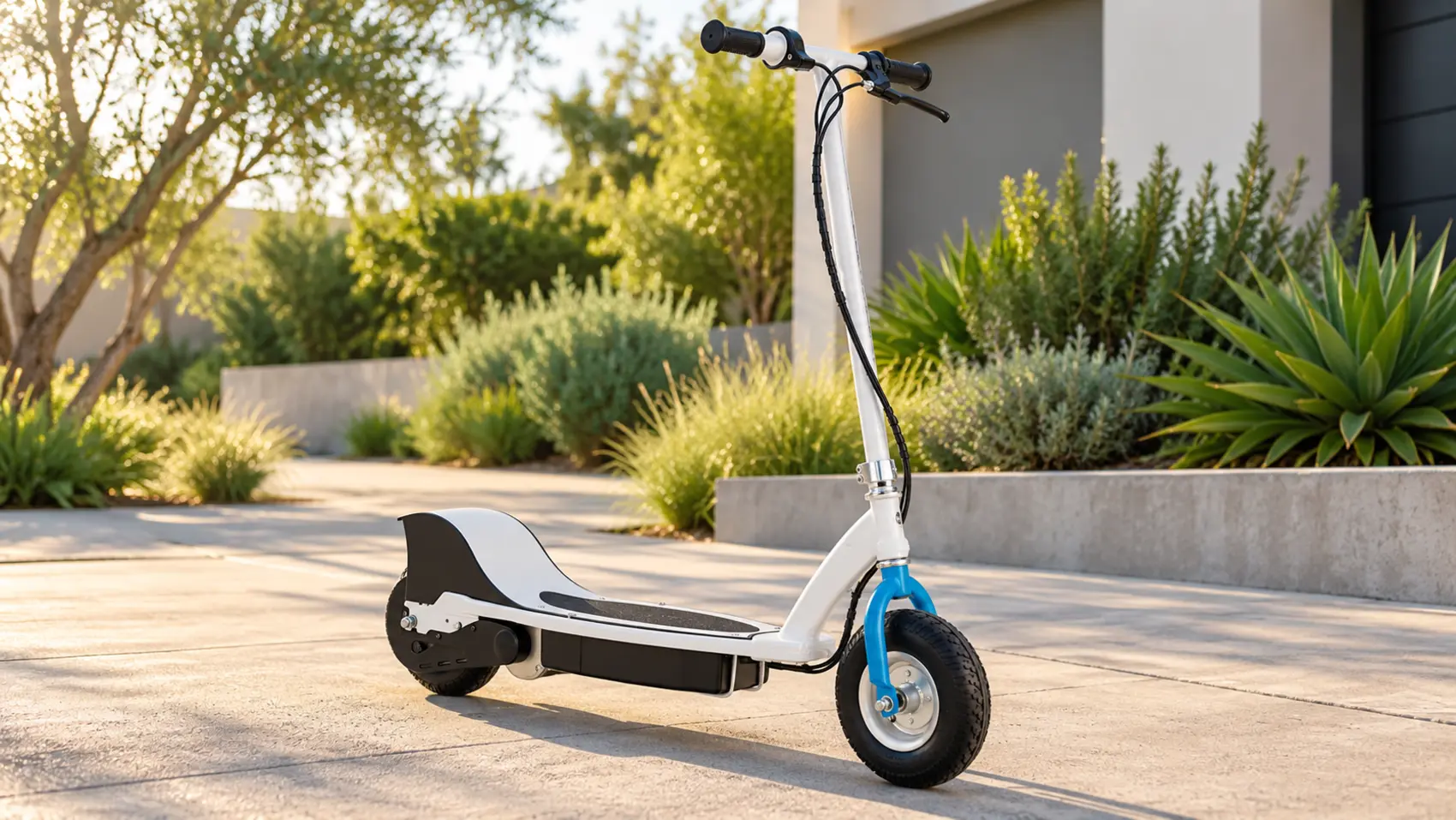 White classic Razor E300-style electric scooter with blue front fork, wide standing deck and large tires on a sunny driveway