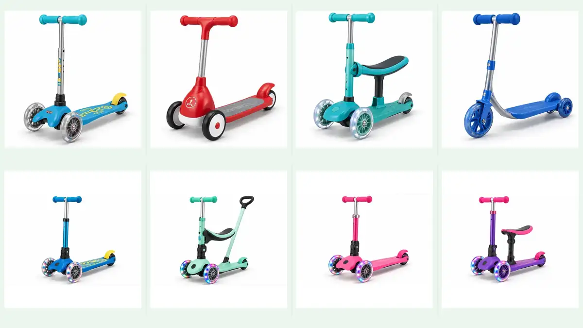 Product-style photo collage comparing toddler scooters