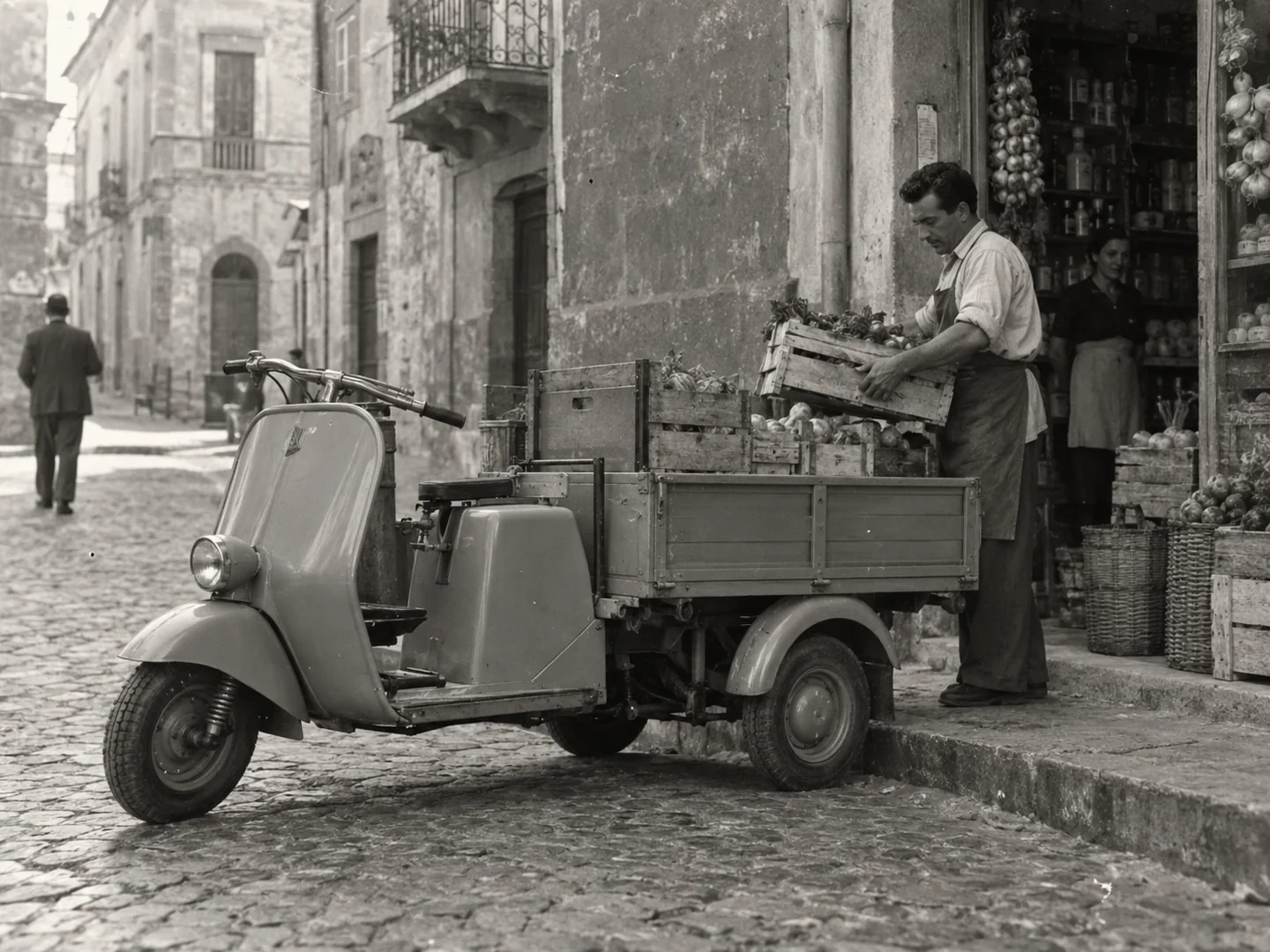 Black-and-white historical recreation of an early Vespa-style Piaggio Ape cargo vehicle beside an Italian produce shop