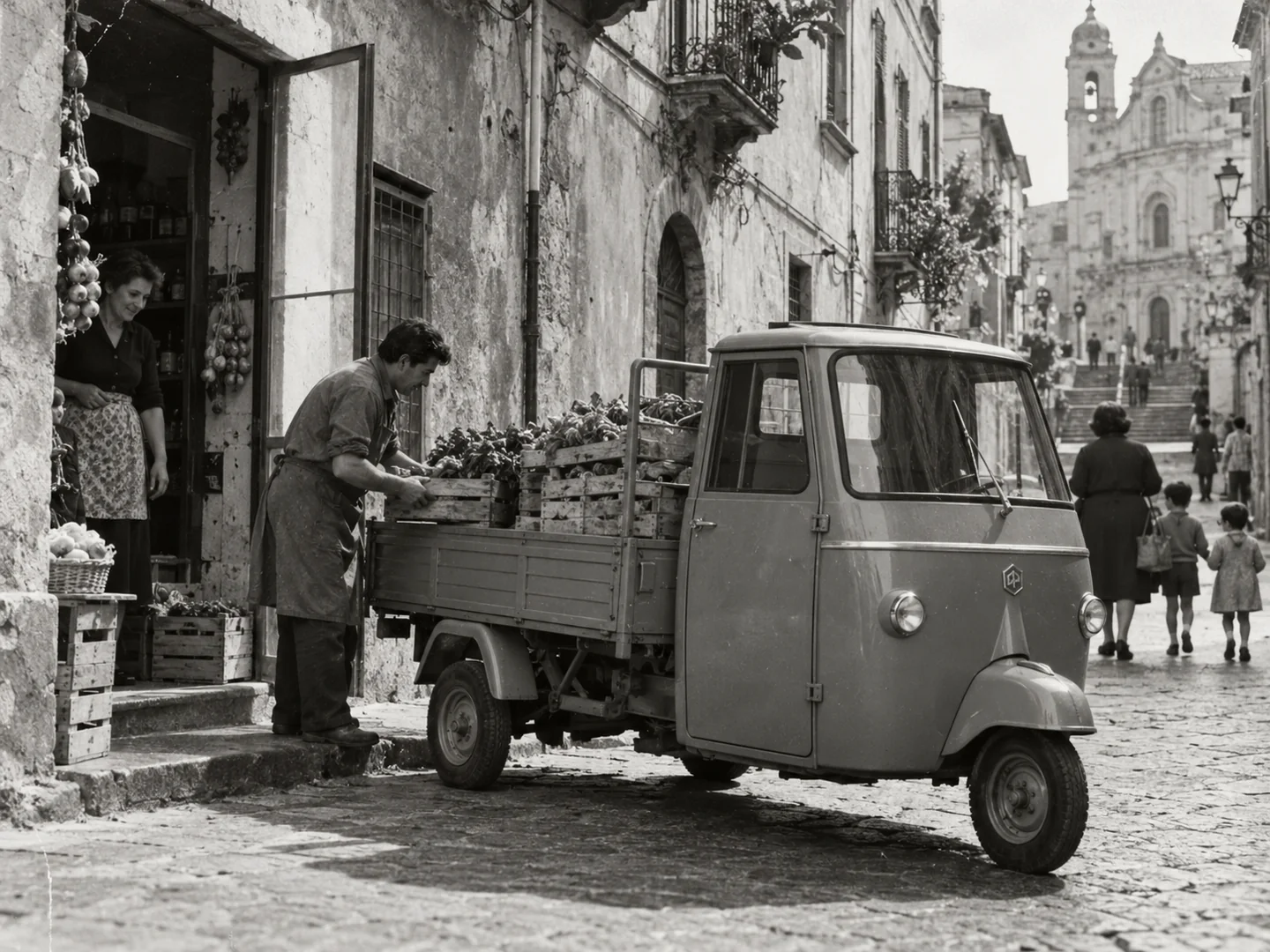 Black-and-white historical recreation of an enclosed-cab Piaggio Ape delivering produce on a narrow Italian town street