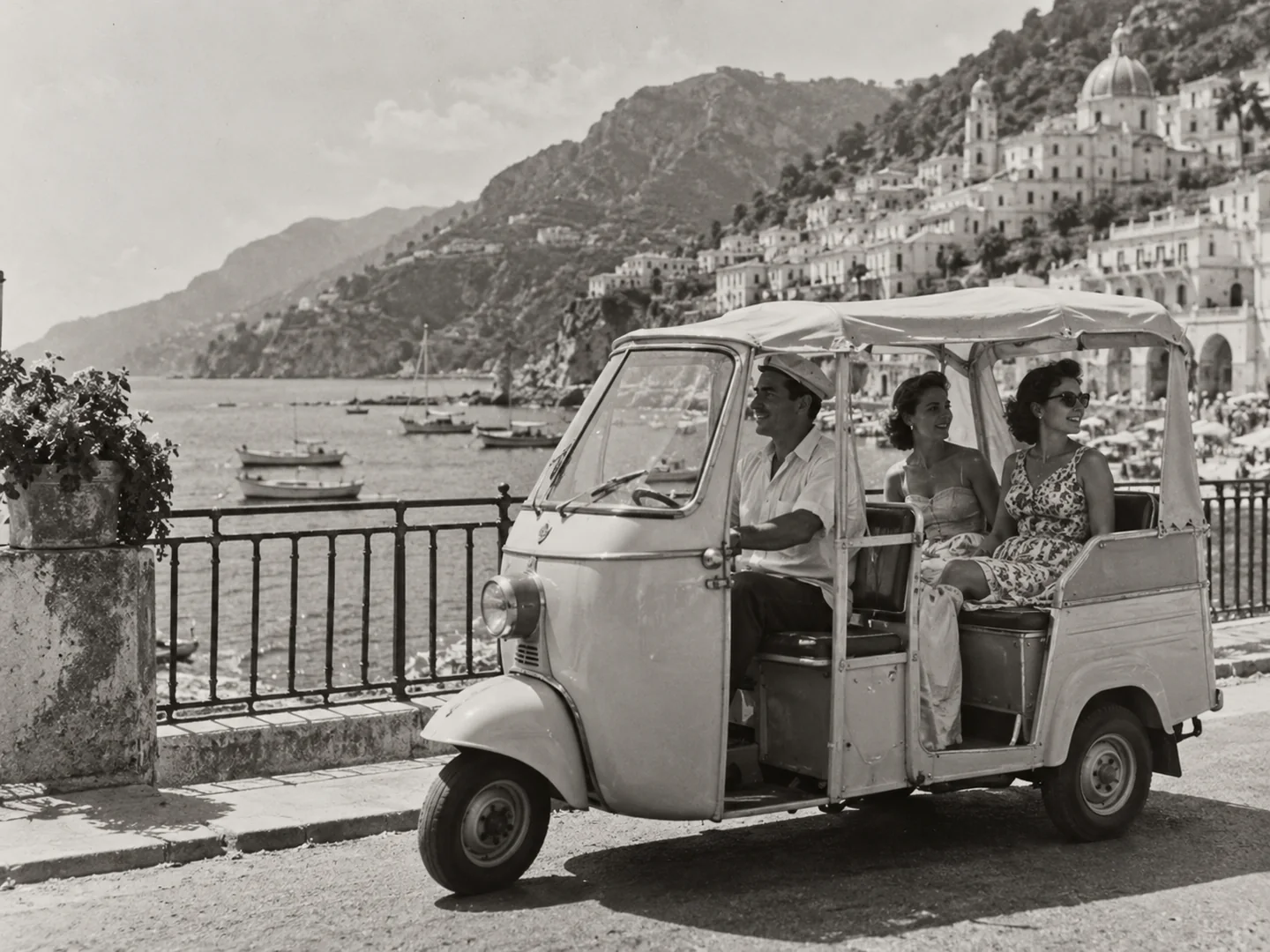 Black-and-white historical recreation of an open-sided Piaggio Ape Calessino beside a scenic Italian Mediterranean harbor